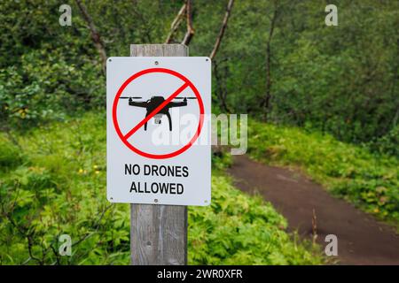 Panneau d'avertissement sur un pilier en bois avec une forêt verte en arrière-plan, photographie aérienne et enregistrement interdit, gros plan. Pas de zone drone Banque D'Images