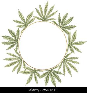 Aquarelle feuilles de cannabis médical illustration de cadre, clipart de frontière de feuilles de marijuana, art clip de couronne de médicament thérapeutique naturel peint à la main, médical Banque D'Images