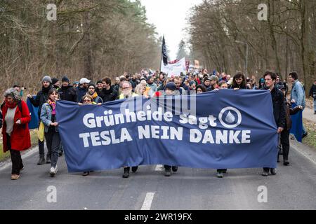 10 mars 2024, Brandebourg, Grünheide : lors d'une manifestation contre l'expansion de Tesla sous le slogan "Tesla non merci!", les participants portent une bannière avec l'inscription "Grünheide dit Tesla non merci". Photo : Christophe Gateau/dpa Banque D'Images