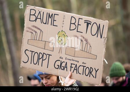 10 mars 2024, Brandebourg, Grünheide : lors d'une manifestation contre l'expansion de Tesla sous le slogan 'Tesla No Thanks!', un participant porte une pancarte avec l'inscription 'arbres au lieu de béton, arrêtez l'expansion de l'usine Giga'. Photo : Christophe Gateau/dpa Banque D'Images