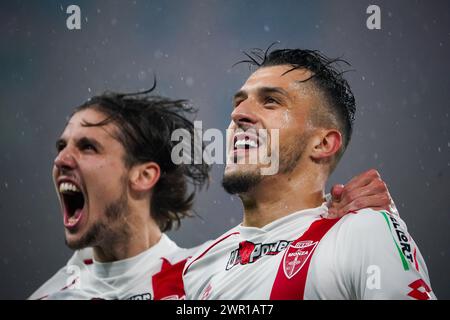 Gênes, Italie. 9 mars 2024. Dany Mota célèbre le but avec ses amis, lors du CFC Gênes vs AC Monza, Serie A, au stade Luigi Ferraris. Crédit : Alessio Morgese/Alessio Morgese/Emage/Alamy Live news Banque D'Images