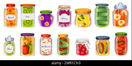 Bocaux de légumes conservés. Fruits marinés, baies et champignons, aliments fermentés biologiques dans des récipients en verre, conserves de concombre maison, dessin animé Illustration de Vecteur
