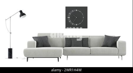 Salle de séjour élégante avec un canapé chic, lampadaire et art mural d'horloge minimaliste - rendu 3D. Banque D'Images