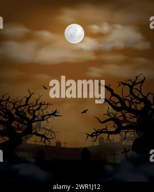 Fond de forêt sombre d'Halloween avec paysage de cimetière effrayant de forêt de fantaisie de ciel nocturne au clair de lune. Illustration de Vecteur