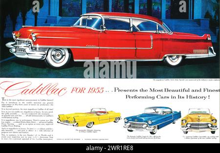 Publicité imprimée spéciale Cadillac Red Series 60 1955. Cadillac Yellow Eldorado Blue coupé de ville Banque D'Images