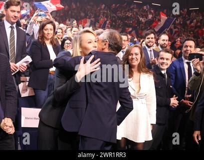 Paris, France. 10 mars 2024. © PHOTOPQR/LE PARISIEN/Jean-Baptiste Quentin ; Paris ; ; ; Palais des Sports lancement de la campagne des élections européennes du Parti d'Eric Zemmour Reconquête. Marion Maréchal le PEN sera la tête de liste Paris, France, 10 mars 2024 lancement de la campagne électorale européenne du Parti de la reconquête d'Eric Zemmour. *** Légende locale *** Réunion reconquête crédit : MAXPPP/Alamy Live News Banque D'Images