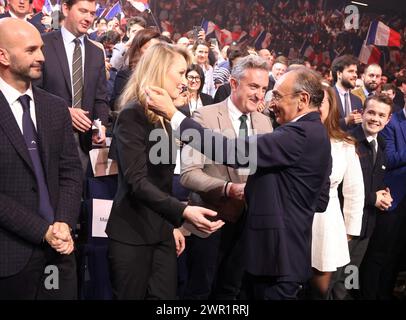 Paris, France. 10 mars 2024. © PHOTOPQR/LE PARISIEN/Jean-Baptiste Quentin ; Paris ; ; ; Palais des Sports lancement de la campagne des élections européennes du Parti d'Eric Zemmour Reconquête. Marion Maréchal le PEN sera la tête de liste Paris, France, 10 mars 2024 lancement de la campagne électorale européenne du Parti de la reconquête d'Eric Zemmour. *** Légende locale *** Réunion reconquête crédit : MAXPPP/Alamy Live News Banque D'Images