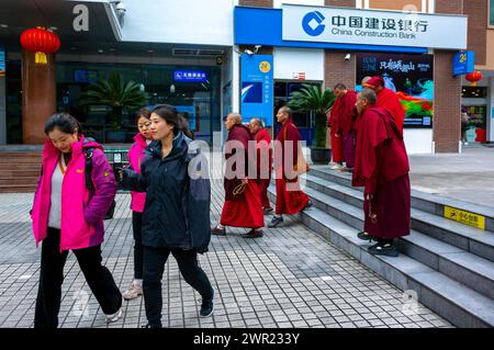 EMEISHAN, Chine, foule moyenne de gens, touristes et moines bouddhistes, scène de rue, au Monument historique chinois, Temple Bauguo, site touristique Banque D'Images