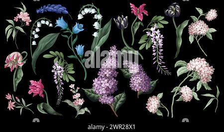 Plus grand ensemble de fleurs de printemps. Tulipes, lilas, lis de la vallée, etc Illustration de Vecteur