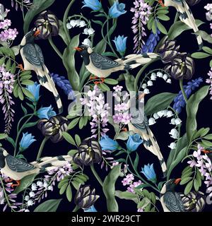 Motif sensible sans couture avec pies et tulipes. Vecteur. Illustration de Vecteur