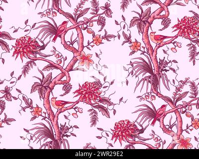 Motif chinoiserie sans couture avec branches, fleurs et oiseaux. Vecteur Illustration de Vecteur