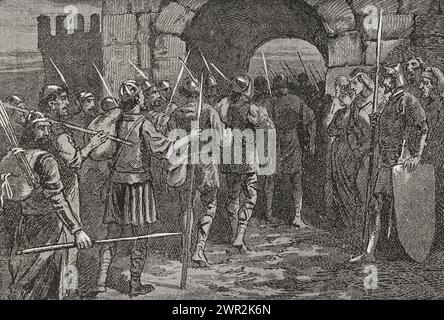 Siège de Gérone (Gérone) (27 juin au 10 septembre 1285). Honoré par les Français lors de la croisade convoquée par le pape Martin IV (1220-1285) contre la couronne d'Aragon, dont le roi était Pierre III le Grand (1240-1285), en représailles de son intervention en Sicile. Gérone a été défendue par Ramon Folch VI de Cardona (1259-1320). Comme il n'a pas reçu de renforts du roi Pierre III pour briser le siège, il a dû se rendre. La ville fut prise par Eustache Beaumarchais (vers 1235-1294). Après avoir signé la capitulation, les troupes de Ramon Folch VI de Cardona évacuent la ville. Gravure. Glorias Espa Banque D'Images