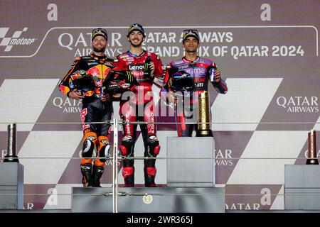 Losail, Qatar. 10 mars 2024. Courses du Grand Prix MotoGP du Qatar au circuit international de Losail, Qatar, le 10 mars 2024 en photo: Francesco Bagnaia, Brad Binder, Jorge Martin Carreras del Gran Premio de Qatar en el Circuito Internacional de Losail, Qatar 10 de Marzo de 2024 POOL/ MotoGP.com/Cordon les images de presse seront destinées à un usage éditorial exclusif. Crédit obligatoire : © MotoGP.com crédit : CORDON PRESS/Alamy Live News Banque D'Images