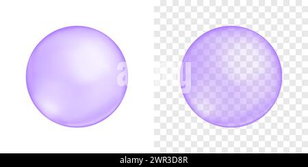 Bulles violettes sur fond transparent et blanc. Billes de perles. Sphères en verre ou en plastique. Gommes à bulles bleuets. Éléments de mousse de savon, mousse de bain, eau gazeuse douce. Illustration réaliste vectorielle. Illustration de Vecteur