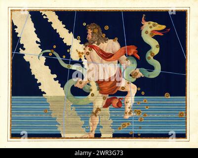 Ophiuchus (Serpentarius)- Johann Bayer, gravure vintage, 1624. Carte céleste de Constellation avec les étoiles de l'Uranometria de Bayer The Print présente une représentation d'un homme saisissant un serpent. Banque D'Images
