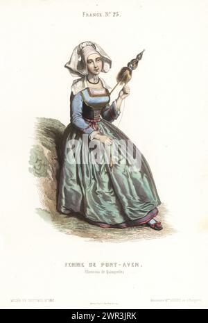 Femme bretonne de Pont-Aven, près de Quimperle, Bretagne, France. Femme en coiffe coiffe coiffe, collier, corsage lacé et jupes, filer du fil avec une distaff et fuseau. Femme de Pont-Aven, environs de Quimperle. Gravure sur acier colorée à la main d'après une illustration de Célestin Deshayes du Musée Cosmopolite, Musée de costumes, Musée Cosmopolitan, éditée par l'ancienne maison Aubert, Paris, vers 1850. Banque D'Images