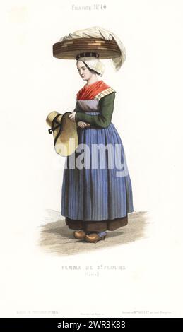 Costume d'une femme de Saint-Flour, Auvergne, France. En coiffe, fichu, corsage, jupes, tablier rayé, tenant un chapeau de paille et équilibrant un grand panier en osier sur sa tête. Femme de satisfait Farines, Cantal. Gravure sur acier colorée à la main du Musée Cosmopolite, Musée de costumes, Musée Cosmopolitan, éditée par l'ancienne maison Aubert, Paris, 1850. Banque D'Images