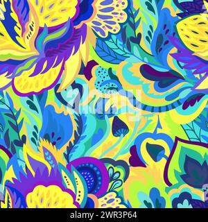 Motif sans couture coloré avec des éléments abstraits floraux et psychédéliques chaotiques. Illustration vectorielle. Illustration de Vecteur