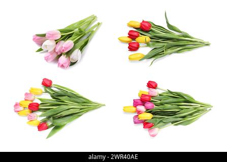 Beaux bouquets de fleurs de tulipes isolés sur blanc, sertis Banque D'Images