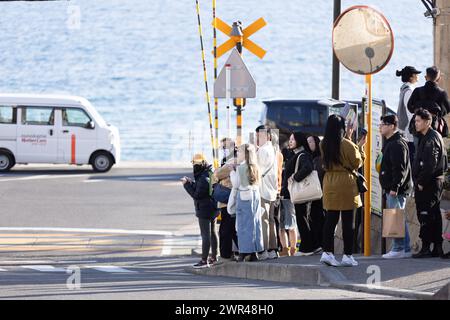 Les touristes prennent des photos autour du passage à niveau de la gare Kamakura Kokomae d'Enoden dans la ville de Fujisawa, préfecture de Kanagawa, le 28 février 2024. Ce passage à niveau est présenté dans la célèbre série d'animation japonaise 'Slam Dunk'. C'est une destination touristique populaire pour les touristes nationaux et étrangers à visiter et à prendre des photos. Cependant, en raison du grand nombre de touristes visitant le train d'Enoden est devenu extrêmement fréquenté, et les résidents vivant le long de la ligne ont été touchés par le problème du surtourisme. Crédit : Yosuke Tanaka/AFLO/Alamy Live News Banque D'Images