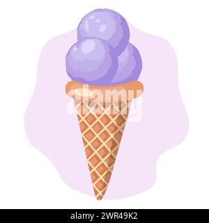 Crème glacée à la lavande. Trois boules de dessert sucré crémeux dans un cône de gaufre. Sorbet violet. Illustration vectorielle sur fond blanc. Illustration de Vecteur