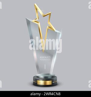 Trophée d'attribution d'acryl clair avec illustration vectorielle réaliste d'étoile dorée. Modèle 3d d'appréciation du gagnant du concours sur fond clair Illustration de Vecteur