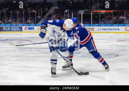 8 mars 2024 : Shawn Element (16 ans), l’attaquant des Crunch de Syracuse, patine en première période contre les Américains de Rochester. Les Américains de Rochester ont accueilli le Syracuse Crunch dans un match de la Ligue américaine de hockey au Blue Cross Arena de Rochester, New York. (Jonathan Tenca/CSM) Banque D'Images