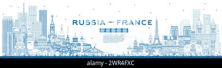 Esquissez les gratte-ciel de la Russie et de la France avec des bâtiments bleus. Monuments célèbres. Illustration vectorielle. Concept France et Russie. Illustration de Vecteur