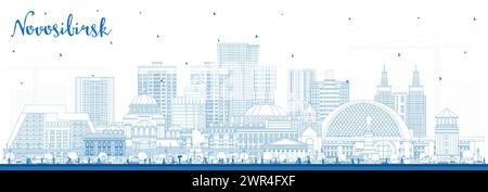 Aperçu Novosibirsk Russie ville skyline avec des bâtiments bleus. Illustration vectorielle. Novosibirsk paysage urbain avec des points de repère. Illustration de Vecteur