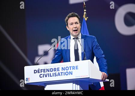 Paris, France. 10 mars 2024. Guillaume Peltier à la réunion de lancement de la campagne électorale européenne du parti d'extrême droite 'Reconquete' à Paris, France, le 10 mars 2024. Photo de Victor Joly/ABACAPRESS.COM crédit : Abaca Press/Alamy Live News Banque D'Images