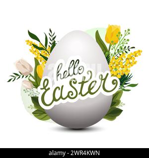 Vecteur oeuf blanc avec texte Hello Easter et avec des feuilles vertes, du mimosa et des branches sur fond. Illustration en style plat. Clipart de ressort pour desig Illustration de Vecteur