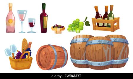 Stockage et boisson du vin. Ensemble d'illustration vectorielle de dessin animé d'éléments de boisson alcoolisée de raisin - fûts et boîte de chêne vieillis en bois, bouteilles et verres avec vin rouge et champagne rose, olives et fruits. Illustration de Vecteur