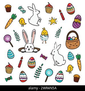 Icônes de couleur de Pâques gribouilles dessinées à la main. Illustration vectorielle Illustration de Vecteur