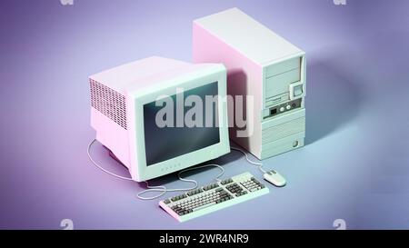 PC vintage sur fond gris. Illustration 3D. Banque D'Images