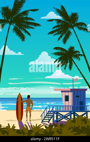 Affiche rétro tropicale Beach, surfeur avec planche de surf. Maison de sauveteur sur la plage Illustration de Vecteur