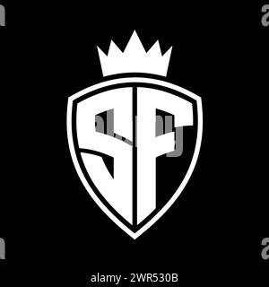 Lettre SF monogramme gras avec bouclier et forme de contour de couronne avec modèle de conception de couleur noir et blanc Banque D'Images