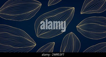 Motif de ligne de luxe vectoriel avec des noix, des formes organiques abstraites, des feuilles. Doré sur fond noir Illustration de Vecteur