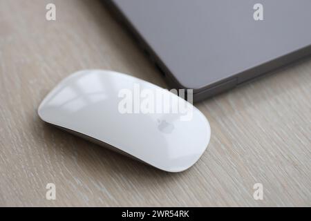 KIEV, UKRAINE - 27 NOVEMBRE 2023 Apple Magic Mouse 3e génération se trouve avec MacBook 2021 gris gros plan Banque D'Images