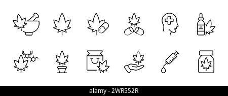 Icône de set de cannabis médical. Marijuana, comprimés, pilules, avis des médecins, gouttes. Composés dans le cannabis, culture et stockage, seringue. Marijuana pour m Illustration de Vecteur