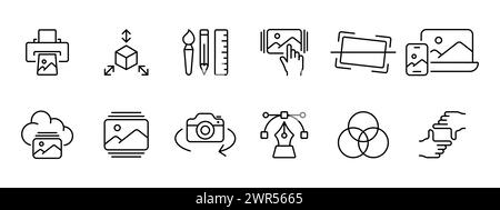Icône photos définies. Imprimante, pinceau, crayon, règle, sélection de photo, stylo, dégradé, recadrage, stockage de photos sur le nuage. Concept d'édition et de travail avec Illustration de Vecteur