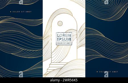 Ensemble vectoriel de bannières avec illustration de ligne d'arc et de vagues. Luxe doré sur motifs spatiaux surréalistes noirs Illustration de Vecteur
