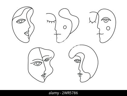 Ensemble vectoriel de visages de monoline de femme et d'homme, visages d'art de cubisme, portraits de ligne. Dessin de logo de personnes contemporaines, formes minimalistes Illustration de Vecteur