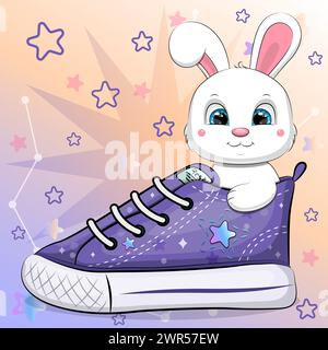 Un joli lapin blanc de dessin animé avec une sneaker. Illustration vectorielle d'un animal sur un fond coloré avec des étoiles. Illustration de Vecteur