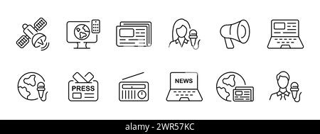 Appuyez sur l'icône SET. Signal, télévision, journaux, interviews, gramophone, radio, presse, nouvelles en ligne, articles, diffusion autour du monde intervieweur Illustration de Vecteur