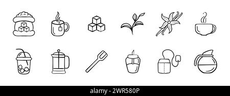 Icône ensemble de sucre. Sucre, boisson, tasse, tasse, cubes de sucre, feuilles, saccharose, vanille, théière, verre, cuillère boisson sachet de thé icône vectorielle sur fond blanc Illustration de Vecteur