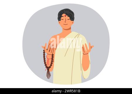 L'homme musulman asiatique en vêtements ethniques traditionnels prie et médite, tenant le chapelet dans les mains Illustration de Vecteur