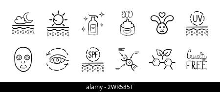 Icône ensemble de soins de la peau. Diverses crèmes, nuit, jour, respectueux de l'environnement, crème solaire, pour la peau autour des yeux. Cruauté libre, masque, lapin, cosmétiques naturels. Illustration de Vecteur