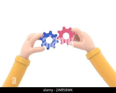 Icône de geste de dessin animé Mockup.Hand dessin 3D illustration de deux mains tenant Cogwheel.3D rendu sur fond blanc. Banque D'Images