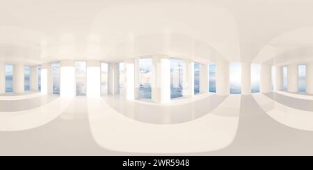 Couloir panoramique moderne avec vue sur l'océan au coucher du soleil 360 panorama vr carte de l'environnement Banque D'Images
