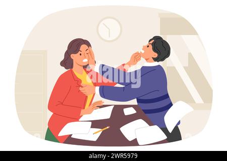 Bagarre entre deux collègues en milieu de travail, en raison d'une rémunération inéquitable ou d'un différend sur un poste vacant Illustration de Vecteur